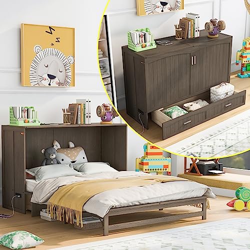 BIADNBZ Queen Size Murphy Bed with Built-in Charging Station,Versatile Bedframe with Drawer for Bedroom,Living Room,Antique Grey