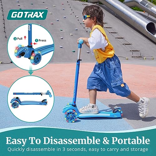 Gotrax KS1 Kids Kick Scooter, LED Lighted Wheels and 3 Adjustable Height Handlebars, Lean-to-Steer & Widen Anti-Slip Deck, 3 Wheel Scooter for Boys & Girls Ages 2-8 and up to 100 Lbs (Blue)