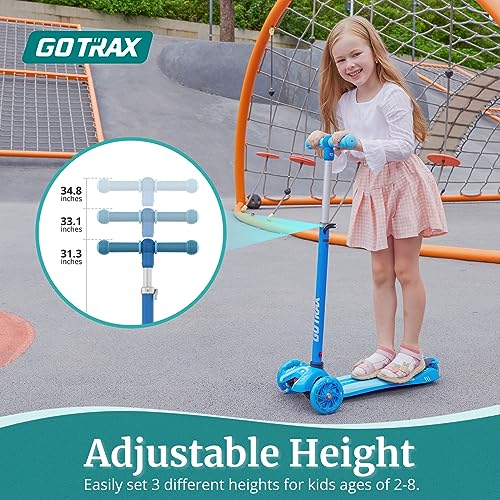 Gotrax KS1 Kids Kick Scooter, LED Lighted Wheels and 3 Adjustable Height Handlebars, Lean-to-Steer & Widen Anti-Slip Deck, 3 Wheel Scooter for Boys & Girls Ages 2-8 and up to 100 Lbs (Blue)