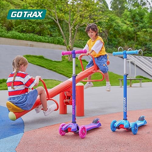 Gotrax KS1 Kids Kick Scooter, LED Lighted Wheels and 3 Adjustable Height Handlebars, Lean-to-Steer & Widen Anti-Slip Deck, 3 Wheel Scooter for Boys & Girls Ages 2-8 and up to 100 Lbs (Blue)