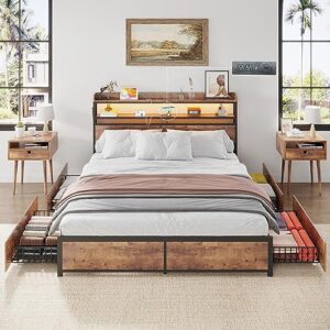 gyfimoie queen bed frame with 4 storage drawers, led bed frame with wireless charging & outlets & usb & type-c port, metal platform bed frame with 2-tier storage headboard, no box spring needed(queen)