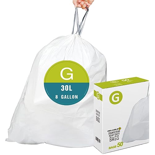 Code G Heavy Duty Trash Bags with Reinforced Drawstring for 8 Gallon/30 Liter Compatible with simplehuman Code G (50 Count) | Tear & Leak Resistant Drawstring Garbage Liners