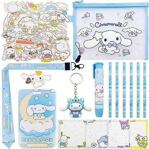 Cute School Supplies Set, Kawaii Stationery Set, Includes Pencils, Pen-Style Eraser, Sticky Note, Stickers, Lanyard with ID Badge, Back to School Gift