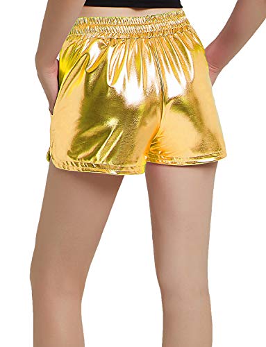 Women's Metallic Shorts Yoga Shiny Sparkly Hot Drawstring Outfit Short Pants Extra Small Gold