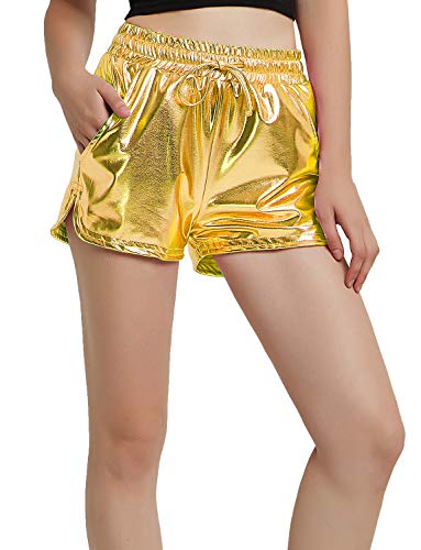 Women's Metallic Shorts Yoga Shiny Sparkly Hot Drawstring Outfit Short Pants Extra Small Gold