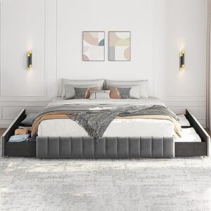 yaheetech king bed frame upholstered platform bed with 4 storage drawers, large storage space/strong wooden slats/non-slip and noise-free/no fixed headboard/no box spring needed/dark gray king bed
