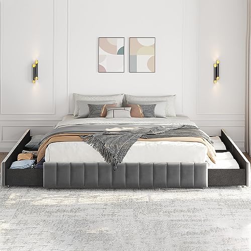 Yaheetech King Bed Frame Upholstered Platform Bed with 4 Storage Drawers, Large Storage Space/Strong Wooden Slats/Non-Slip and Noise-Free/No Fixed Headboard/No Box Spring Needed/Dark Gray King Bed