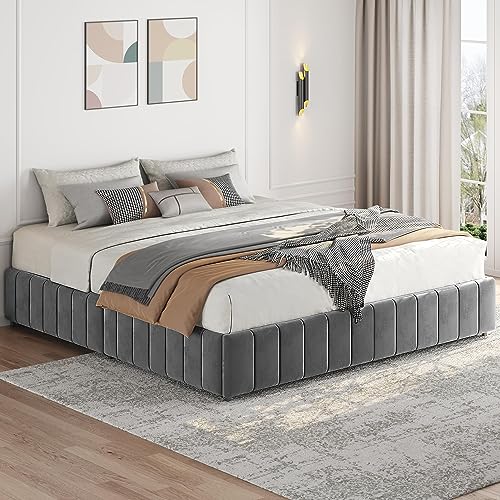 Yaheetech King Bed Frame Upholstered Platform Bed with 4 Storage Drawers, Large Storage Space/Strong Wooden Slats/Non-Slip and Noise-Free/No Fixed Headboard/No Box Spring Needed/Dark Gray King Bed