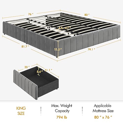 Yaheetech King Bed Frame Upholstered Platform Bed with 4 Storage Drawers, Large Storage Space/Strong Wooden Slats/Non-Slip and Noise-Free/No Fixed Headboard/No Box Spring Needed/Dark Gray King Bed