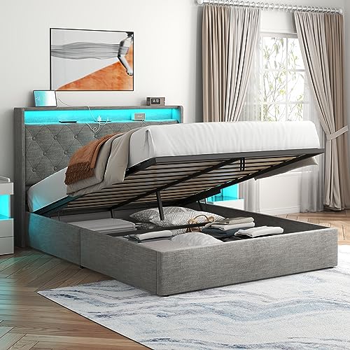 Loomie Queen Lift Up Bed Frame with Charging Station & LED Lights ...