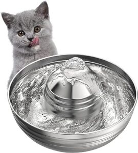 cat water fountain all stainless steel,710z/2.1l large capacity,round design,quiet design,visible water level,360° automatic cat water dispenser easy assemble and clean,supply water even power off