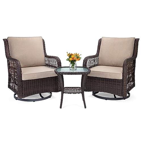 GAOMON 3 Pieces Outdoor Wicker Swivel Rocker Patio Set with Premium Fabric Cushions, 360° Swivel Rocker Patio Chairs Set of 2 and Matching End Table for Backyard, Garden, Yard, Balcony (Beige)