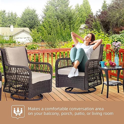 GAOMON 3 Pieces Outdoor Wicker Swivel Rocker Patio Set with Premium Fabric Cushions, 360° Swivel Rocker Patio Chairs Set of 2 and Matching End Table for Backyard, Garden, Yard, Balcony (Beige)