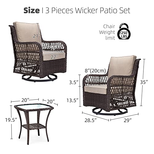 GAOMON 3 Pieces Outdoor Wicker Swivel Rocker Patio Set with Premium Fabric Cushions, 360° Swivel Rocker Patio Chairs Set of 2 and Matching End Table for Backyard, Garden, Yard, Balcony (Beige)