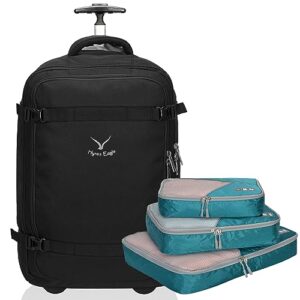 hynes eagle 42l rolling backpack wheeled backpack flight approved travel backpack carry on luggage black with 3pcs packing cubes set teal