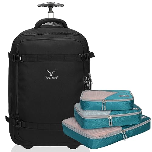 Hynes Eagle 42L Rolling Backpack Wheeled Backpack Flight Approved Travel Backpack Carry on Luggage Black with 3PCS Packing Cubes Set Teal