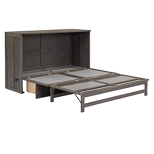 EMKK Murphy Bed,Queen Size Murphy Bed with Built-in Charging Station,Space Saving Platform Bed Queen Size with Storage Drawers