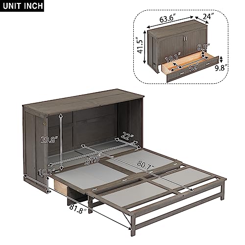 EMKK Murphy Bed,Queen Size Murphy Bed with Built-in Charging Station,Space Saving Platform Bed Queen Size with Storage Drawers