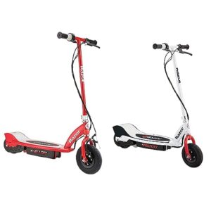 razor 13111260 e100 electric scooter (red) & e200 electric scooter for kids ages 13+ - 8 pneumatic tires, 200-watt motor, up to 12 mph and 40 min of ride time, for riders up to 154 lbs