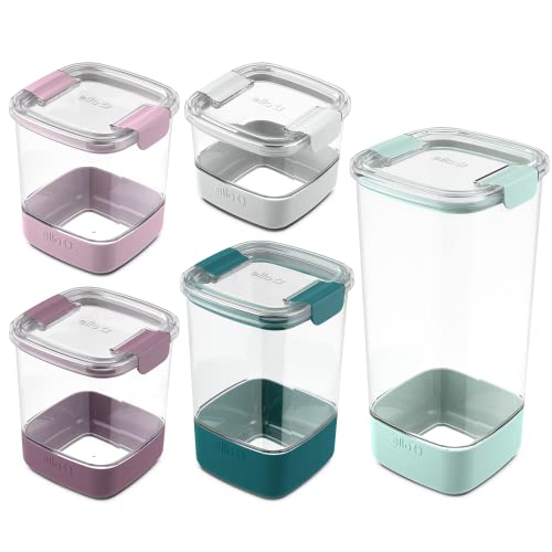 Ello Airtight Food Storage Plastic Canisters with Non-Slip Base Locking Lids and Labels, Set of 5, Mixed Set, Garden Goals & Duraglass Baking Dish, 9x13-3Qt, Tropical Violet