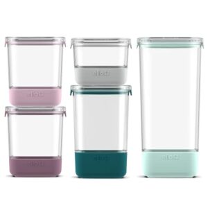 Ello Airtight Food Storage Plastic Canisters with Non-Slip Base Locking Lids and Labels, Set of 5, Mixed Set, Garden Goals & Duraglass Baking Dish, 9x13-3Qt, Tropical Violet