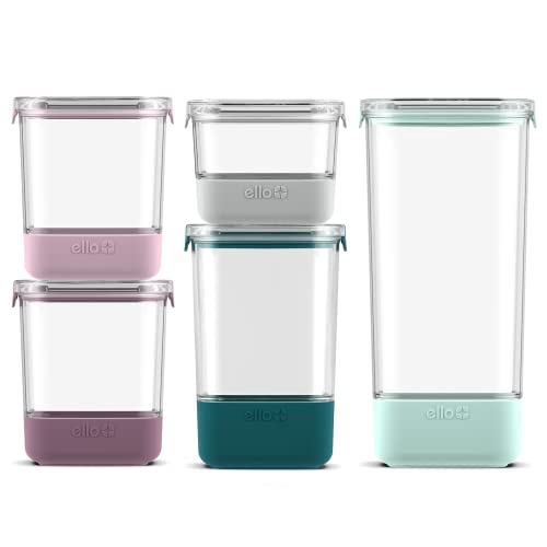 Ello Airtight Food Storage Plastic Canisters with Non-Slip Base Locking Lids and Labels, Set of 5, Mixed Set, Garden Goals & Duraglass Baking Dish, 9x13-3Qt, Tropical Violet