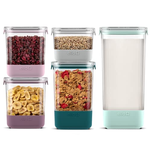 Ello Airtight Food Storage Plastic Canisters with Non-Slip Base Locking Lids and Labels, Set of 5, Mixed Set, Garden Goals & Duraglass Baking Dish, 9x13-3Qt, Tropical Violet