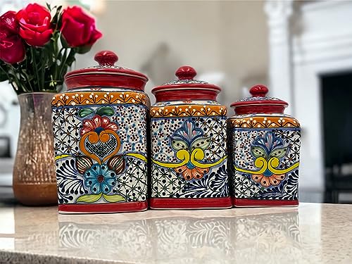 Red Rim XL Handcrafted Folk Art Talavera Canisters | Mexican Ceramic | Floral & Colorful | Kitchen Storage Jars