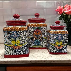 Red Rim XL Handcrafted Folk Art Talavera Canisters | Mexican Ceramic | Floral & Colorful | Kitchen Storage Jars