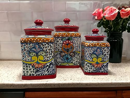 Red Rim XL Handcrafted Folk Art Talavera Canisters | Mexican Ceramic | Floral & Colorful | Kitchen Storage Jars