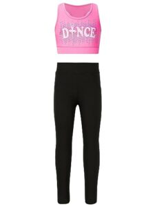 yeahdor kids girls' 2 piece athletic sleeveless dance crop tops with legging set gym workout fitness active outfit printed pink 8 years