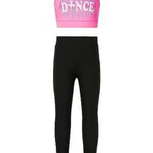 Yeahdor Kids Girls' 2 Piece Athletic sleeveless Dance Crop Tops with Legging Set Gym Workout Fitness Active Outfit Printed Pink 8 Years