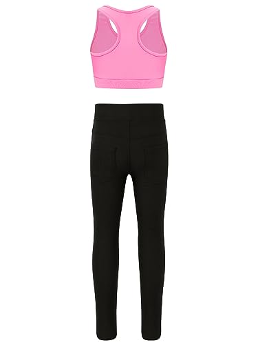 Yeahdor Kids Girls' 2 Piece Athletic sleeveless Dance Crop Tops with Legging Set Gym Workout Fitness Active Outfit Printed Pink 8 Years