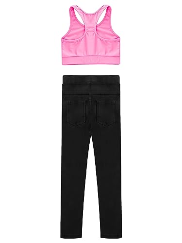 Yeahdor Kids Girls' 2 Piece Athletic sleeveless Dance Crop Tops with Legging Set Gym Workout Fitness Active Outfit Printed Pink 8 Years