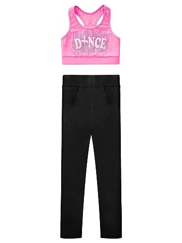 Yeahdor Kids Girls' 2 Piece Athletic sleeveless Dance Crop Tops with Legging Set Gym Workout Fitness Active Outfit Printed Pink 8 Years