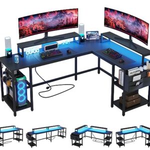 Gyfimoie L Shaped Desk with Power Outlet and LED Strip, 94'' Reversible Corner Computer Gaming Desk with Monitor Stand and Shelves, 2 Person Home Office Desk with Storage Bag and Hooks (Black)