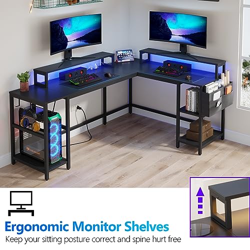 Gyfimoie L Shaped Desk with Power Outlet and LED Strip, 94'' Reversible Corner Computer Gaming Desk with Monitor Stand and Shelves, 2 Person Home Office Desk with Storage Bag and Hooks (Black)