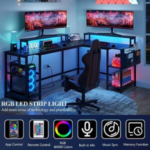 Gyfimoie L Shaped Desk with Power Outlet and LED Strip, 94'' Reversible Corner Computer Gaming Desk with Monitor Stand and Shelves, 2 Person Home Office Desk with Storage Bag and Hooks (Black)