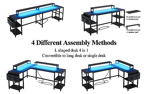 Gyfimoie L Shaped Desk with Power Outlet and LED Strip, 94'' Reversible Corner Computer Gaming Desk with Monitor Stand and Shelves, 2 Person Home Office Desk with Storage Bag and Hooks (Black)