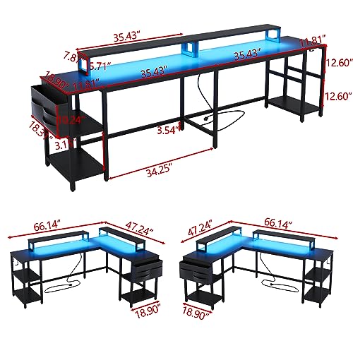 Gyfimoie L Shaped Desk with Power Outlet and LED Strip, 94'' Reversible Corner Computer Gaming Desk with Monitor Stand and Shelves, 2 Person Home Office Desk with Storage Bag and Hooks (Black)