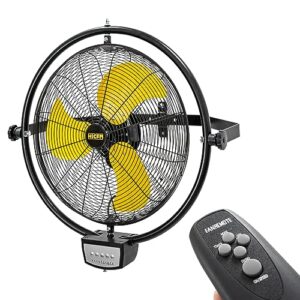 hicfm 5000 cfm 20 inch orbital remote control wall mounted fan, 1/5hp motor, manual & remote operation, timer, oscillation & tilting, 3 speed, 9ft power cord industrial and commercial- ul listed