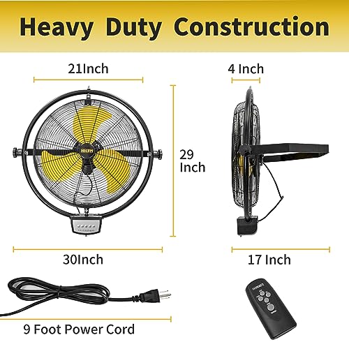 HiCFM 5000 CFM 20 inch Orbital Remote Control Wall Mounted Fan, 1/5HP Motor, Manual & Remote Operation, Timer, Oscillation & Tilting, 3 Speed, 9ft Power Cord Industrial and Commercial- UL Listed