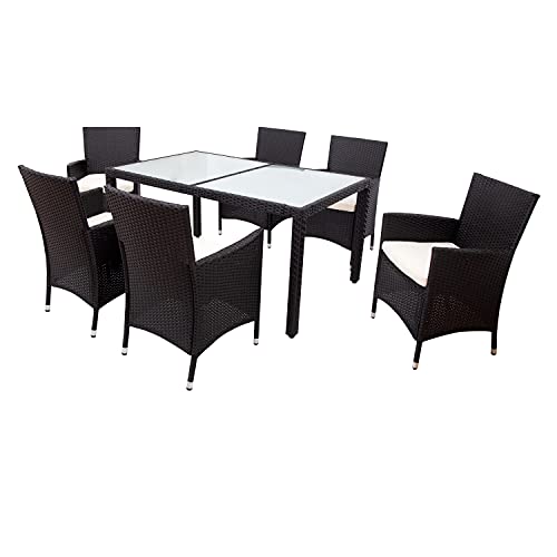 7-Piece Outdoor Wicker Dining Set - Dining Table Set for 7 - Patio Rattan Furniture Set with Beige Cushion (Black)