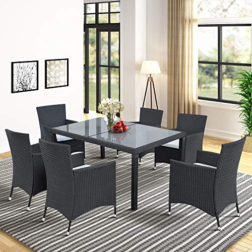 7-Piece Outdoor Wicker Dining Set - Dining Table Set for 7 - Patio Rattan Furniture Set with Beige Cushion (Black)