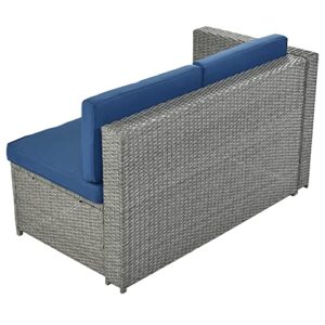 9 Piece Rattan Sectional Seating Group with Cushions and Ottoman, Patio Furniture Sets, Outdoor Wicker Sectional, Grey Ratten+Blue Cushions