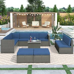 9 piece rattan sectional seating group with cushions and ottoman, patio furniture sets, outdoor wicker sectional, grey ratten+blue cushions