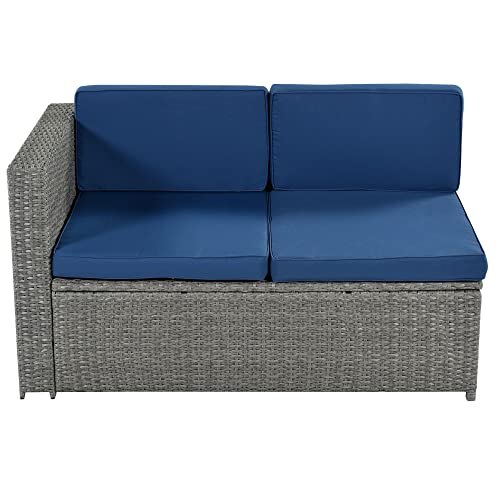 9 Piece Rattan Sectional Seating Group with Cushions and Ottoman, Patio Furniture Sets, Outdoor Wicker Sectional, Grey Ratten+Blue Cushions