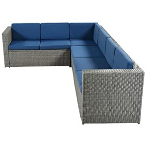 9 Piece Rattan Sectional Seating Group with Cushions and Ottoman, Patio Furniture Sets, Outdoor Wicker Sectional, Grey Ratten+Blue Cushions