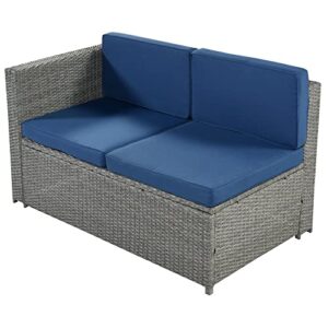 9 Piece Rattan Sectional Seating Group with Cushions and Ottoman, Patio Furniture Sets, Outdoor Wicker Sectional, Grey Ratten+Blue Cushions