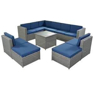9 Piece Rattan Sectional Seating Group with Cushions and Ottoman, Patio Furniture Sets, Outdoor Wicker Sectional, Grey Ratten+Blue Cushions